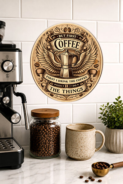 Mayeka But First Coffee Moka Pot and Winged Figure Round Mdf Table Coffee
