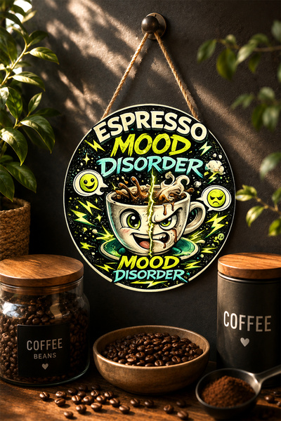 Mayeka Espresso Mood Disorder Cupă amuzantă cu două fețe, rotundă, din MDF, p...