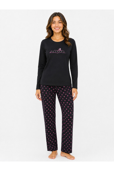 FAMES PİJAMA Women's Seasonal Long Sleeve Awesome Black Pajama Set