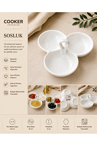PALU GASTRO Üç Bölmeli Porselen Sosluk Kahvaltılık Reçellik Zeytinlik Kulplu ...