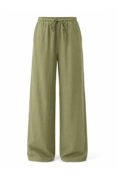 Laluvia Khaki Linen Textured Wide Leg Trousers - 2813