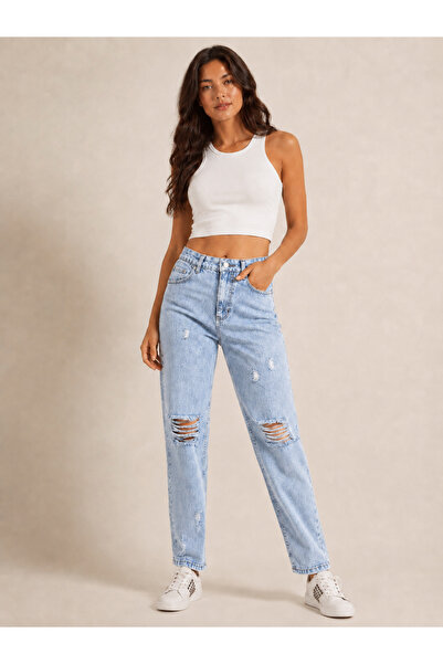 KENE JEANS YÜKSEK BEL DİZ LAZER YIRTIK TAŞ YIKAMA MOM JEANS PANTOLON