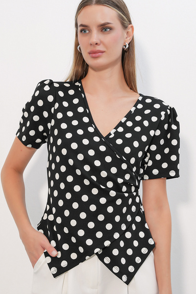 Bigdart Women's Double-Breasted Collar Polka Dot Blouse 40027 - Black