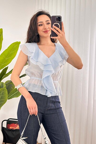 Clothes Fast Bluză țesută fără mâneci, cu decolteu în V, cu volane și talie e...