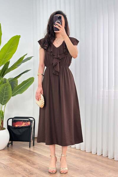 Moda Days Women's Brown Midi V-Neck Ruffle Detailed Elastic Waist Woven Dress