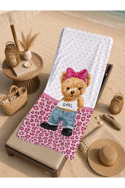 Evmila Cute Purple Bow-Tie Teddy Bear Tropical Patterned 70X150 Beach Towel -...