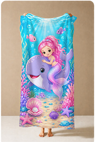 Evmila Fairytale Pink Haired Mermaid and Dolphin Patterned 70X150 Beach Towel...
