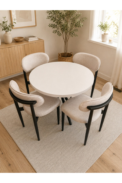 Concept Ayz Home Bella Nova Serisi 4 Kişilik Krem Kumaş 90*90 Cm Mdf Beyaz Yu...
