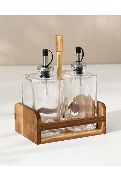 REDTAG Clear Glass Oil And Vinegar Bottle With Wood Stand Set (3 Piece)