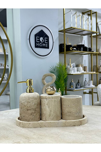ege gross Decorative Travertine Natural 4-Piece Bathroom Set with Gold Details