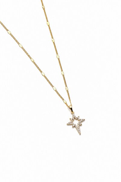 Sose Moda Iconic Star Zircon Brass Necklace with Special Texture Chain - Gold