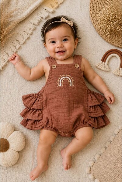 Mnk Baby&Kids Rainbow Detailed 100% Cotton Muslin Baby Romper M00852 Brown