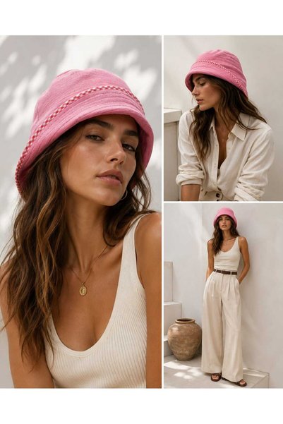 Handmade Betty Bands Women's Pink Bucket Hat – Textured Fabric Summer Sailor Hat