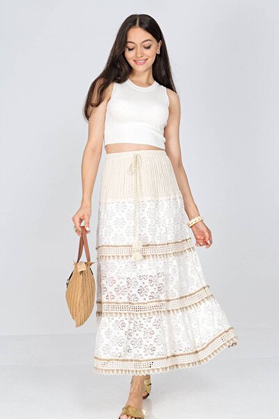 ROH Fusta maxi cu dantela si tricot, crem, FR541