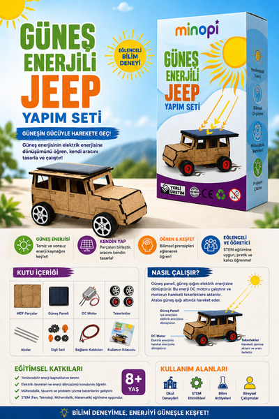Minopi Güneş Enerjili Jeep Yapım Seti Solar Panel Eğitici STEM Araç Maketi