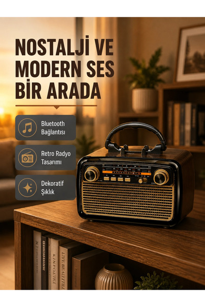 GHN LED’li Nostaljik Bluetooth Hoparlör – Vintage Tasarım, Ahşap Doku