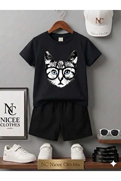 Leto Lykia Summer Children's T-Shirt Shorts Unisex (Cat with Glasses Printed)