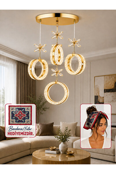 Flora 4’lü Kristal Taşlı LED Avize Gold Modern Sarkıt Salon Avizesi