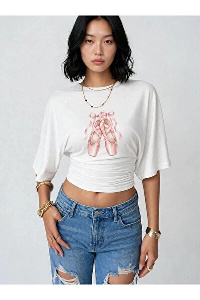 PERISENSE Women's Lycra Bat Sleeve Crop T-Shirt, Fitted at the Waist, Stretch...