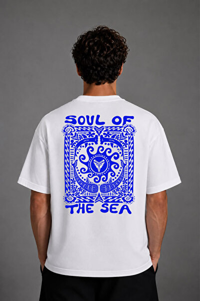 VSRN Tricou supradimensionat alb cu imprimeu pe spate, design Soul Of Sea
