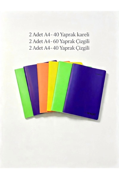 Smart A4 Defter Seti 6'lı - Kareli (40 Yp) & Çizgili (40-60 Yp) Renkli Kapak ...