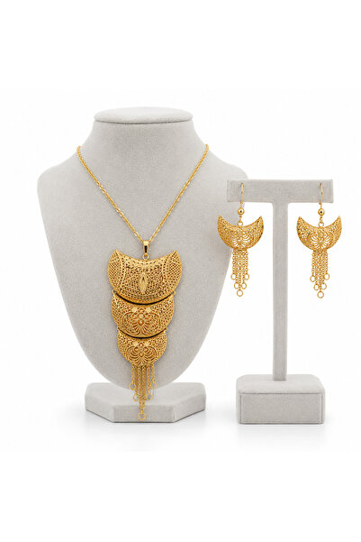 BELLA CİAO Abstract Decorative Design Gold Plated Women's Necklace and Earrin...