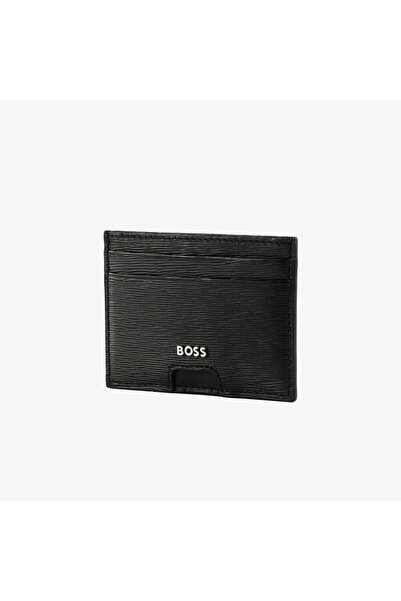 BOSS Erkek %100 Deri Metalik Logo Kabartmalı Dikş Detaylı Siyah Cüzdan