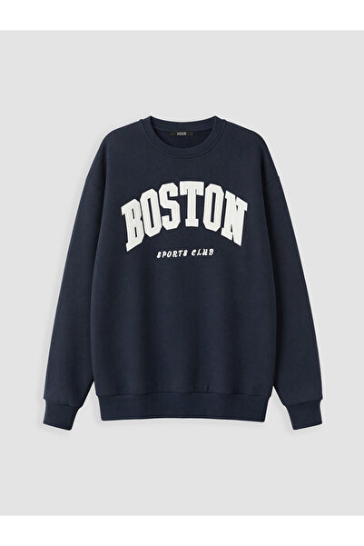 LC Waikiki Navy Blue Boston Embroidered Oversize Women's Sweatshirt