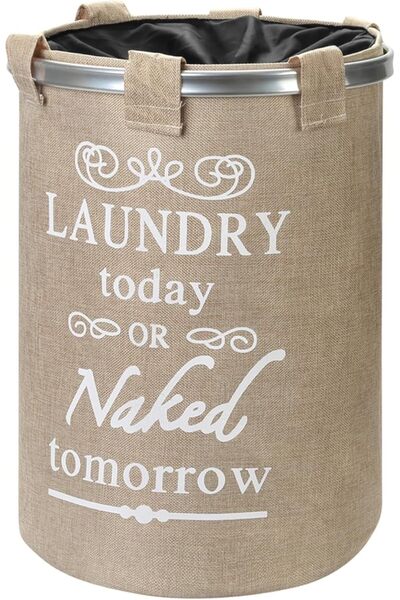 Lawazim Round Laundry Basket with Printed Letters-40x50cm Brown Storage Baske...