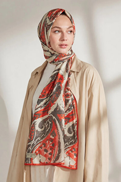 Lesscarves Desenli Pamuk İpek Şal LS2303 Şal Desen 03-Krem-Turuncu-Füme