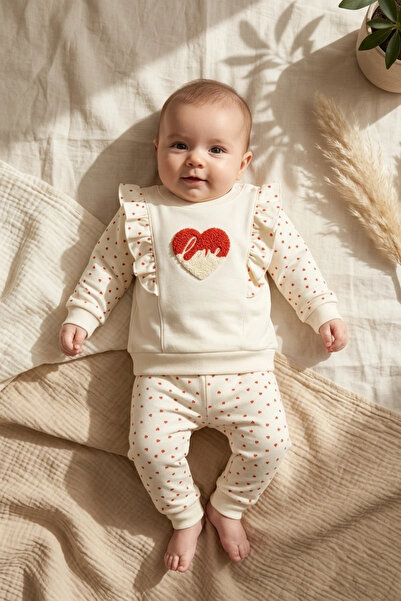 Babycan Baby Girl Ruffled Heart Embroidered 2-Piece Set - 100% Cotton Beige S...