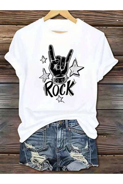 23ERVA Music, Women's Hand Sign With Stars Design, Pure Cotton T-Shirt, Summe...