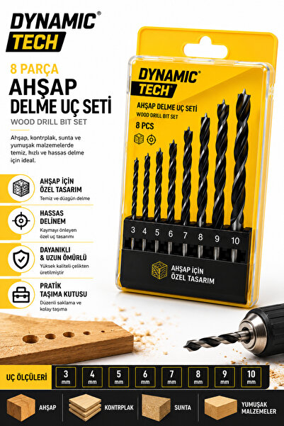 DynamicTech Profesyonel 8 Parça Ahşap Delme Uç Seti 3-10 mm Matkap Ucu Mdf Sunta Kontrplak Uyumlu