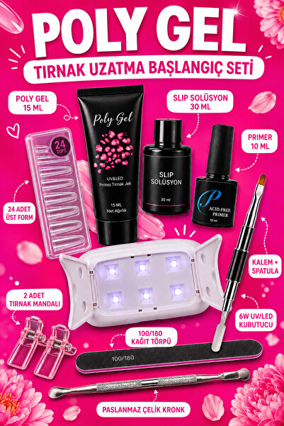 Uniquem Poly Gel Tırnak Uzatma Jel Soft Pembe Oje Starter Box 9 Parça + 24 Tips Seti Uv Led Full Paket