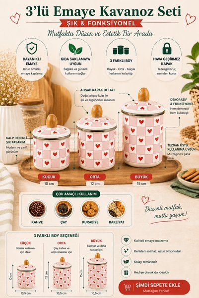 Generic Brand 3-Piece Enamel Jar Set with Wooden Lid – Heart Patterned Kitchen Storage Container (10-12-15 cm)