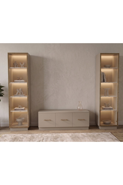 LUXES İnci Tv Ünitesi Ve ledli reflekte camlı dolap