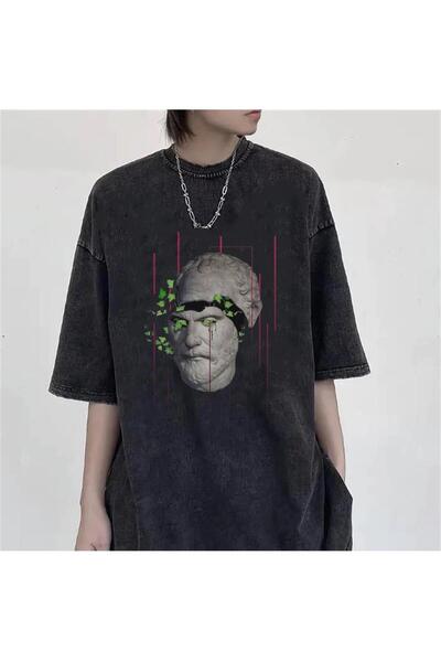 DEEFWEAR Mi̇ngalondon Washable Sculpture Art & Leaves Unisex Vintage T-Shirt