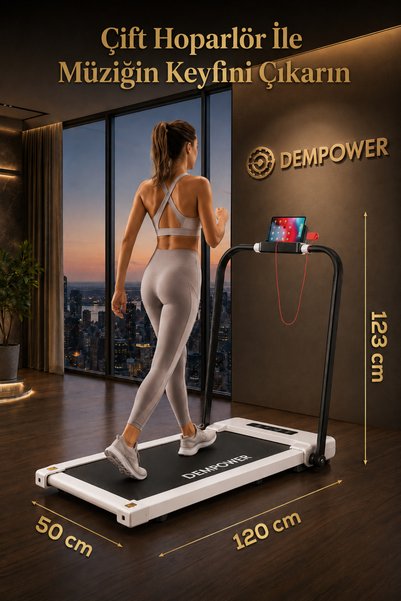 DEMPOWER 150KG Taşıma Kapasiteli, 12KM/H, Manuel Eğimli, Bluetoothlu, LCD Ekranlı Yürüyüş Ve Koşu Bandı Beyaz