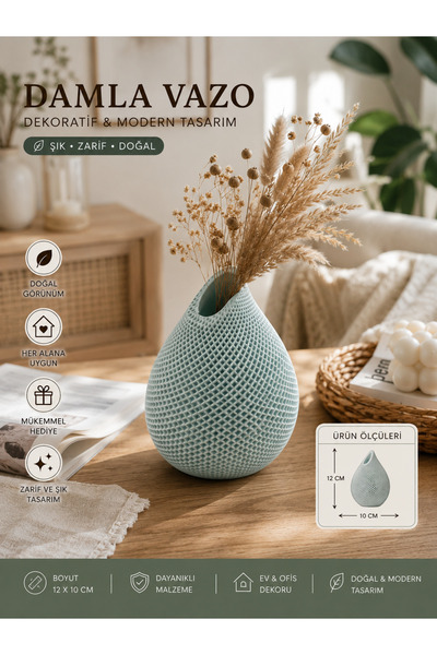 Sofya Home Studio Damla Dekoratif Vazo Mint Yeşili– Modern Dokulu Tasarım, Ku...
