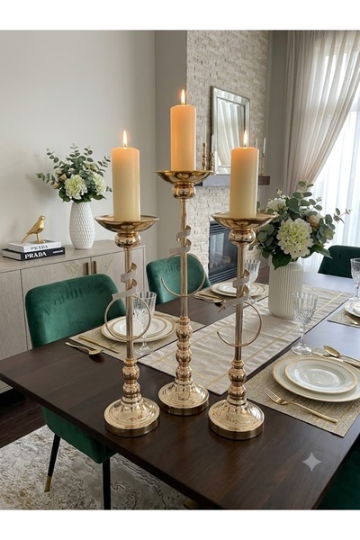 mysecrethome Lüks Taşlı Gold Şamdan 3'lü Mumluk Seti - Ev & Söz Nişan Masa De...