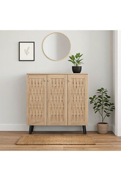 Bec4 3-Door Wood Wardrobe with Modern Woven Design and Black Pointed Legs