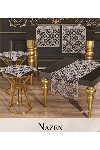 Ceki Home Set de sufragerie Nazen Model Bej 5 piese Set de traversări brodate...