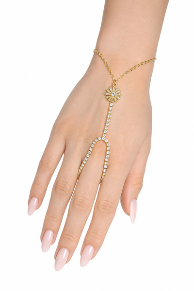 Hayalperest boncuk Gold Color Stone Flower Detailed Shahmeran Women's Hand Ac...