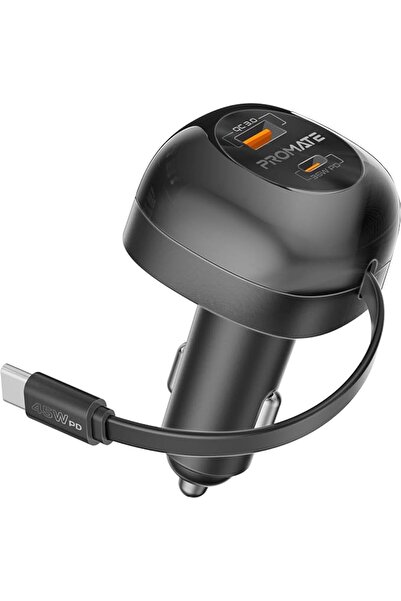 Promate شاحن سيارة متعدد المنافذ بقوة 62 واط مع كابل USB-C قابل للسحب ومنفذ U...