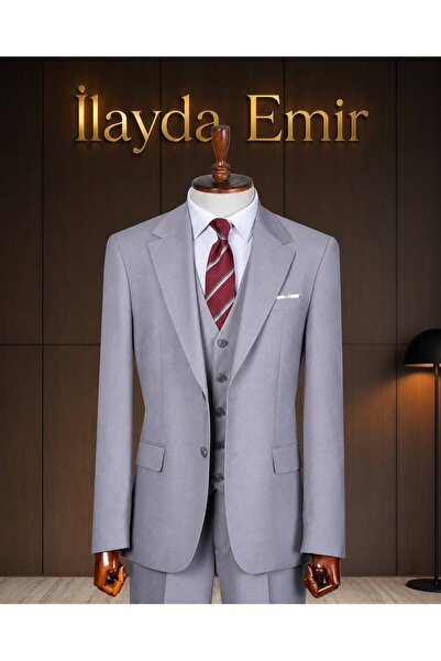 ilayda emir Slim Fit Grey Men's Suit – 3-Piece Classic Suit with Vest – Groom...