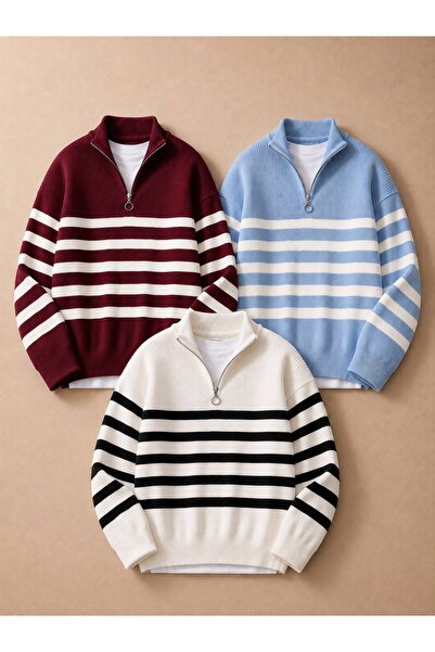 oneoff Men's 3-Pack Striped Knitwear Sweater Half Zipper Stand Collar Oversiz...