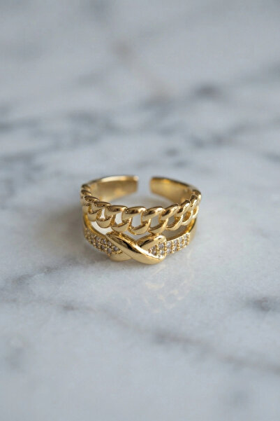 SORA GROUP Adjustable Gold Color Ring with Chain and Knot Detail