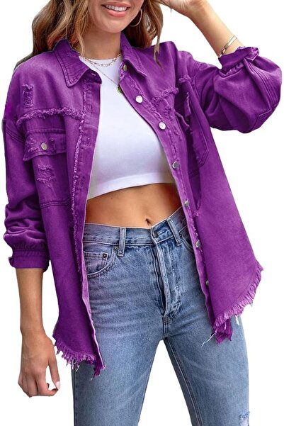 Generic Womens Ripped Distressed Denim Jacket Distressed Hem Button Front Boy...