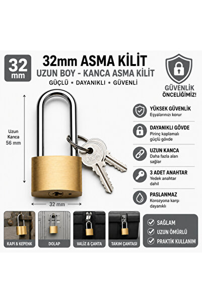 Hard Guard 32mmAsma Kilit Uzun boy - Kanca Asma Kilit yurt kilidi