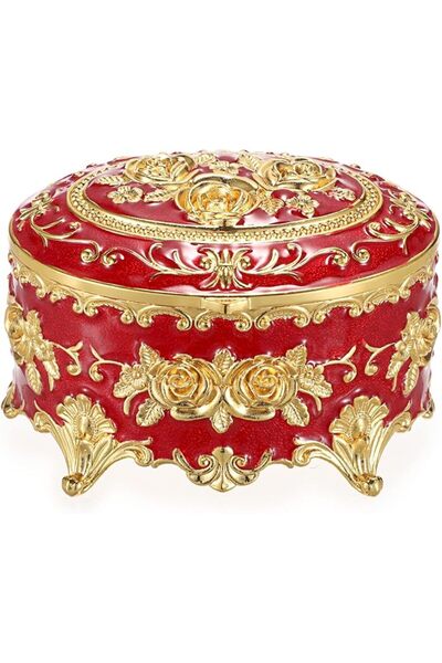 GENERAL Vintage Metal Jewelry Box, Oval Trinket Organizer Ring Case with Rose...